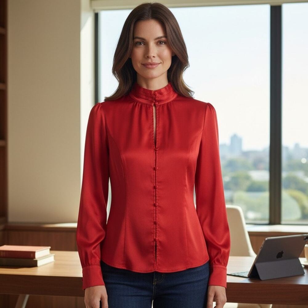 Vince Camuto Womens XS Red Satin Blouse Smocked Split Neck LongSleeve Dressy Top